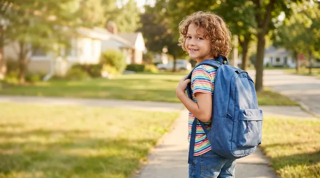 Smiling student wearing a properly fitted backpack with both straps on a sunny Romeoville sidewalk