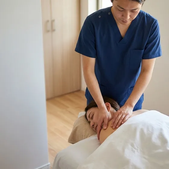 A licensed massage therapist working on a client's upper back and shoulder in a bright treatment room at KOAH Chiropractic in Romeoville, IL